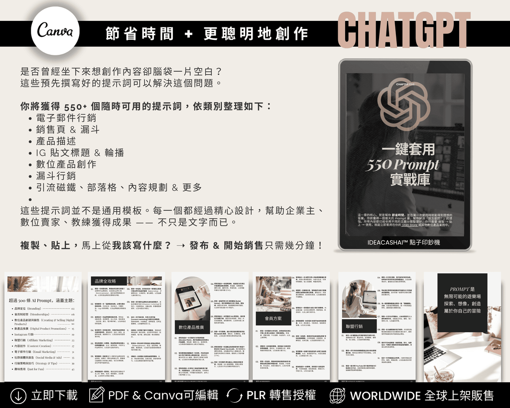 550+ 專業 ChatGPT 提示，涵蓋 Email、銷售文案、Instagram Caption、產品發布等行銷需求