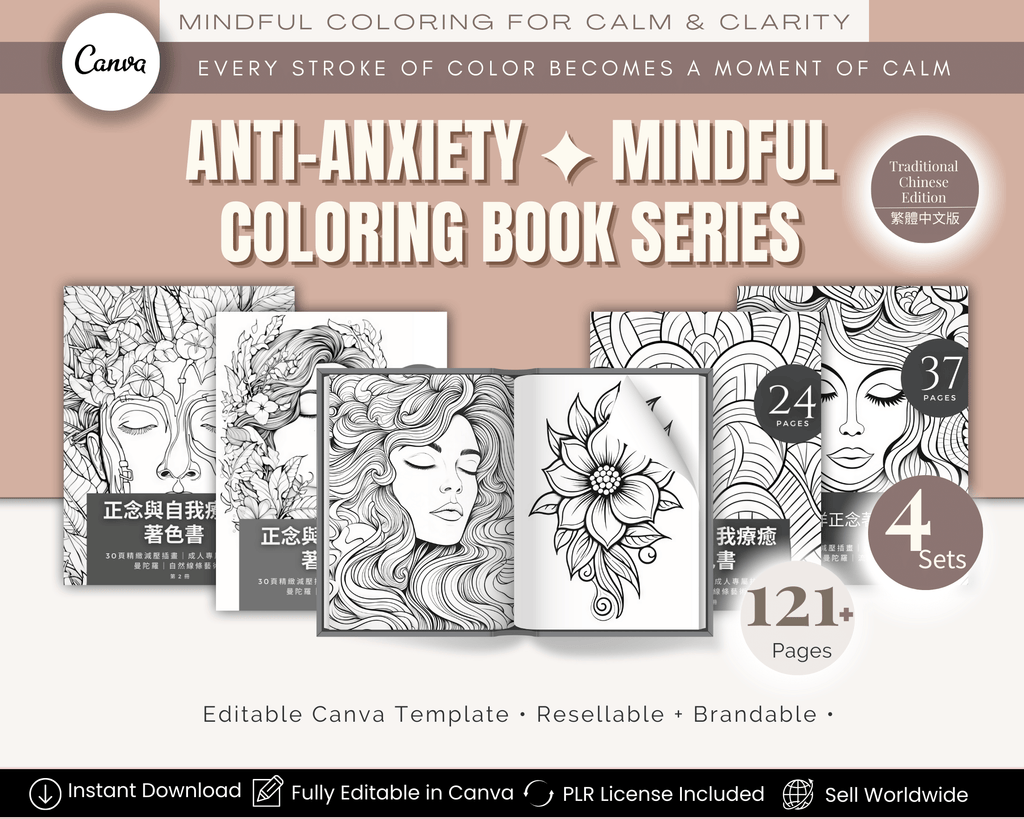 Anti-Anxiety Mindfulness Coloring Books Chinese Edition – 4 PLR printable coloring books for stress relief & mindfulness
