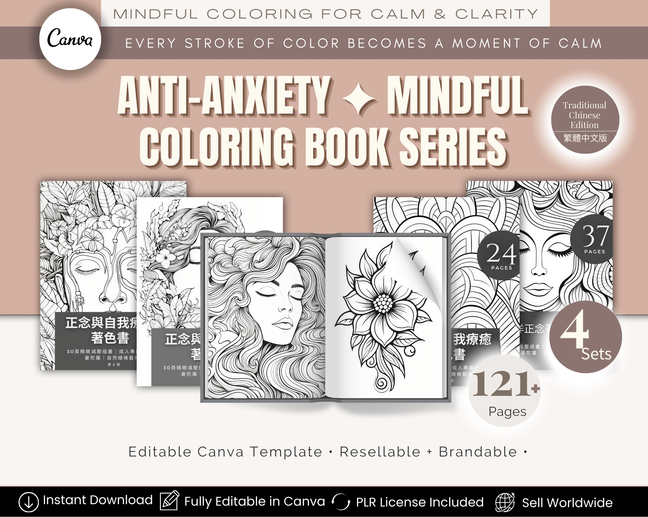 Anti-Anxiety Mindfulness Coloring Books Chinese Edition – 4 PLR printable coloring books for stress relief & mindfulness
