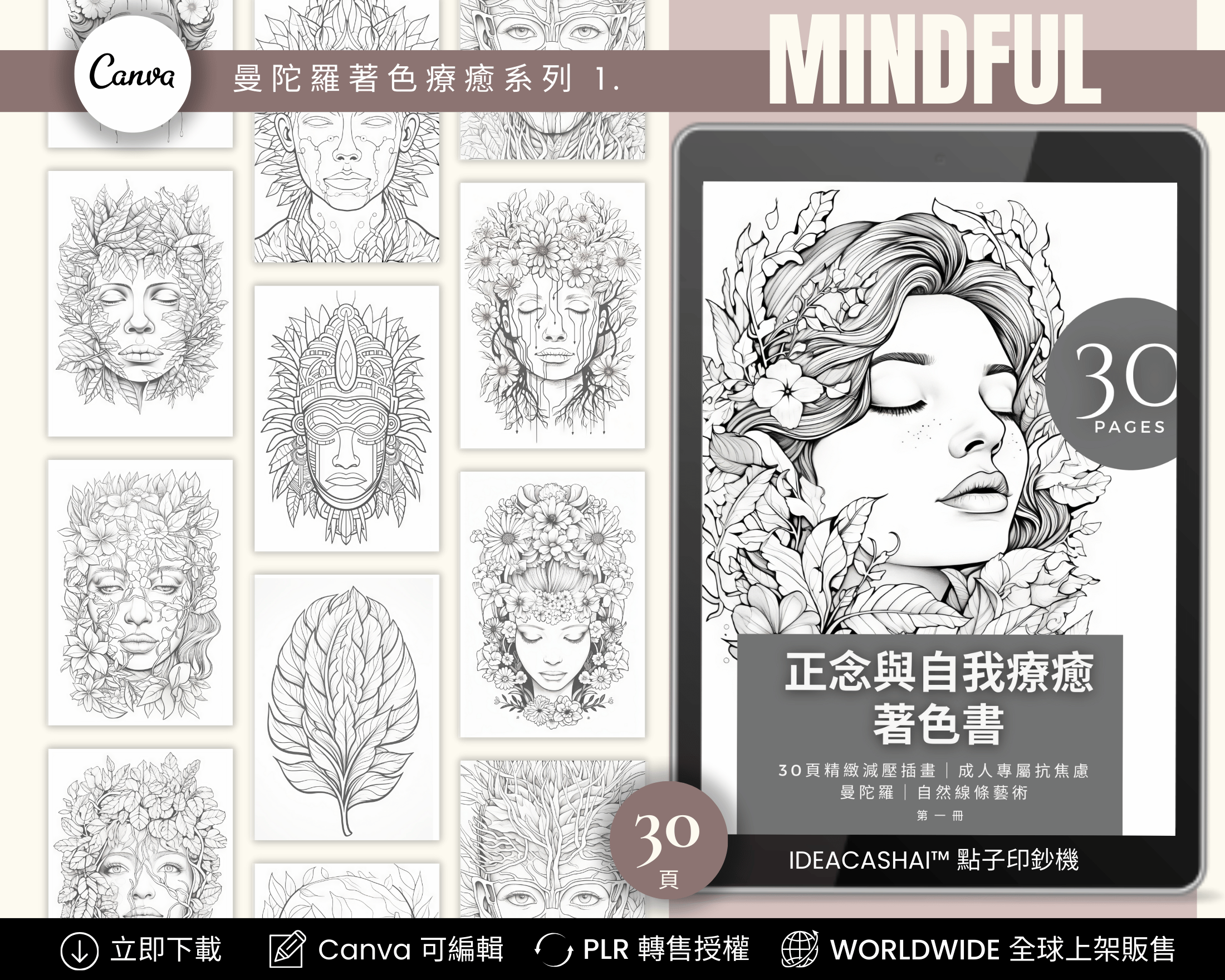 Anti-Anxiety Mindfulness Coloring Books Chinese Edition – 正念與自我療癒著色書（中文版，30 頁可列印數位著色書，PLR 授權，可編輯與轉售）