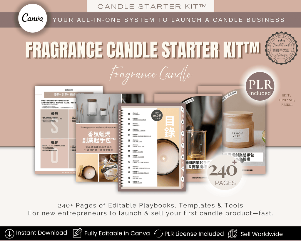 Candle Business Starter Kit Chinese Edition – PLR Editable Templates ｜ 蠟燭創業入門工具包 繁體中文版 Canva 可編輯模版