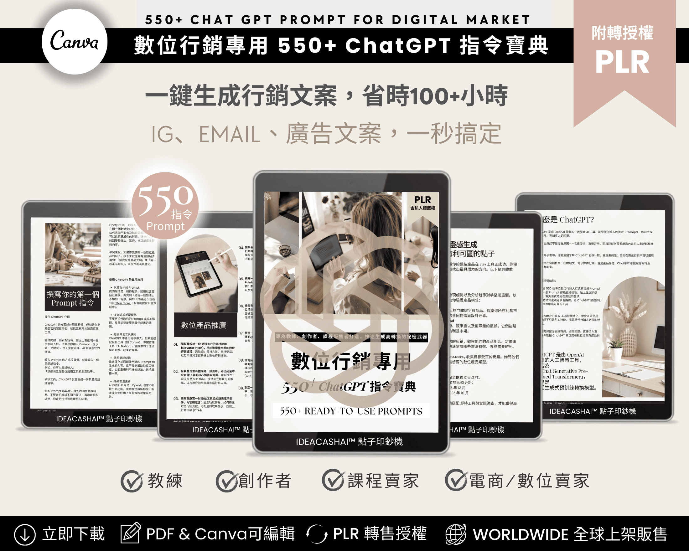 ChatGPT 數位行銷專用 550+ 提示大全，附 PLR 授權，可編輯 Canva 模板，幫助教練、創作者、數位商品賣家快速生成行銷文案