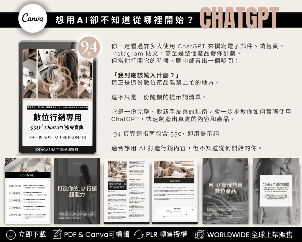 ChatGPT 行銷提示大全附帶 PLR 授權，可重新品牌化、轉售或作為引流贈品使用
