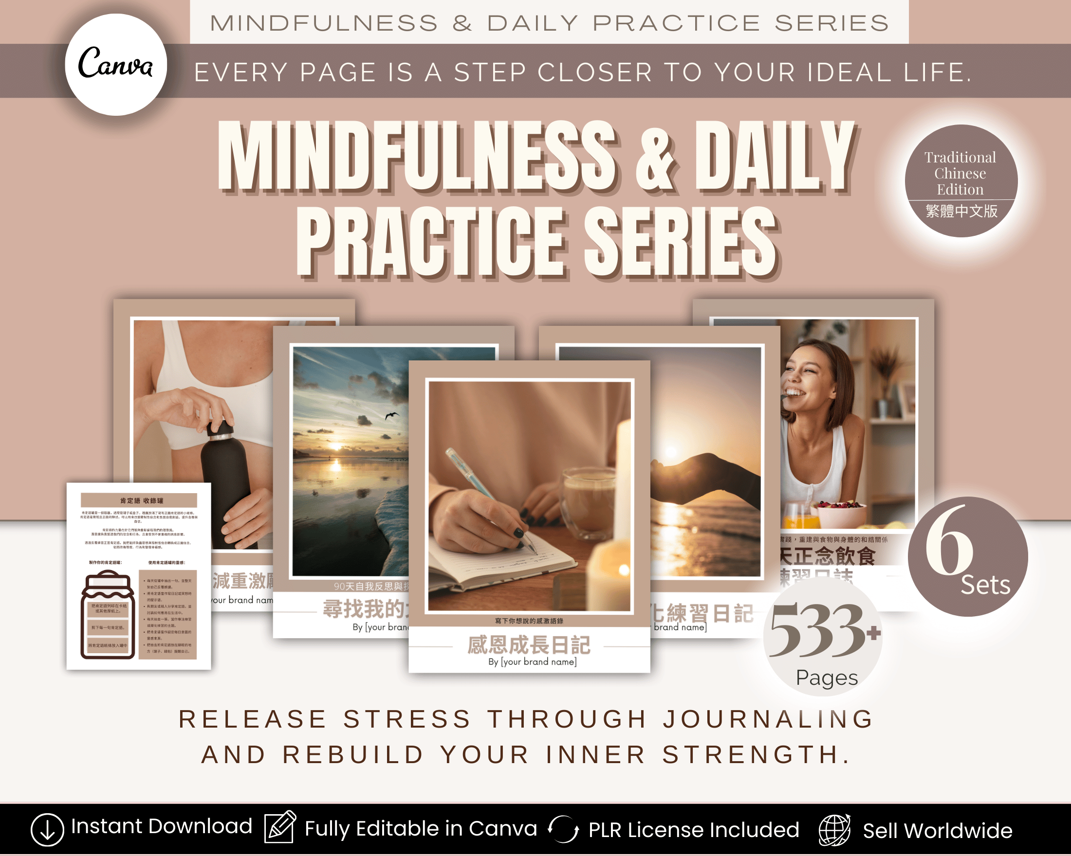 Daily Mindfulness Journals Chinese Edition – Mindfulness & Daily Practice Series, 6 sets, 533 pages, editable and printable wellness journals, PLR license included