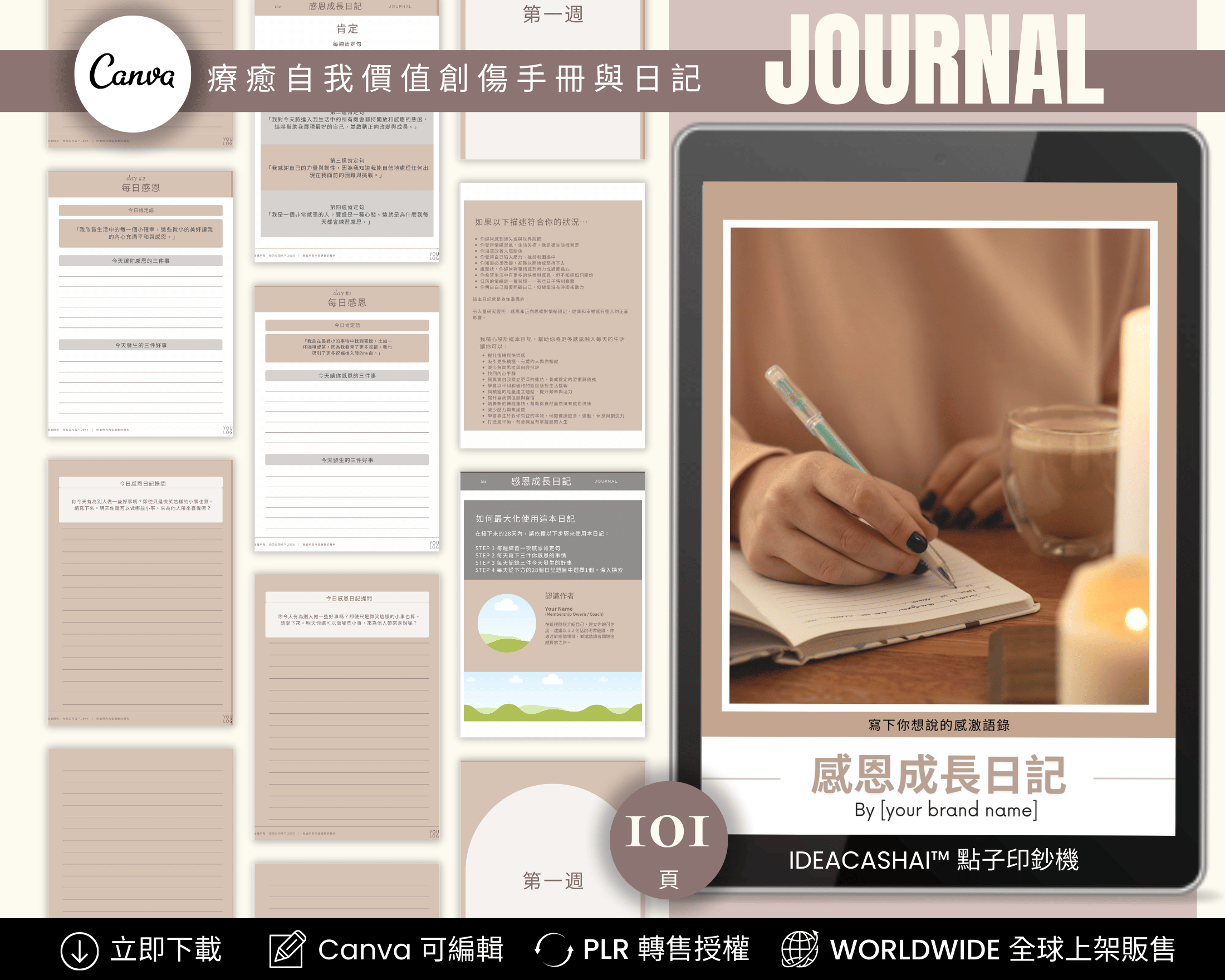 Daily Mindfulness Journals Chinese Edition – Gratitude and Growth Journal ｜ 正念與日常實踐系列 中文版 感恩成長日記 101 頁 Canva 可編輯模版，含 PLR 授權