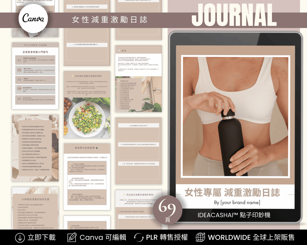 Daily Mindfulness Journals Chinese Edition – Women’s Weight Loss Motivation Journal ｜ 正念與日常實踐系列 中文版 女性專屬 減重激勵日誌 69頁 Canva 可編輯模版，含 PLR 授權