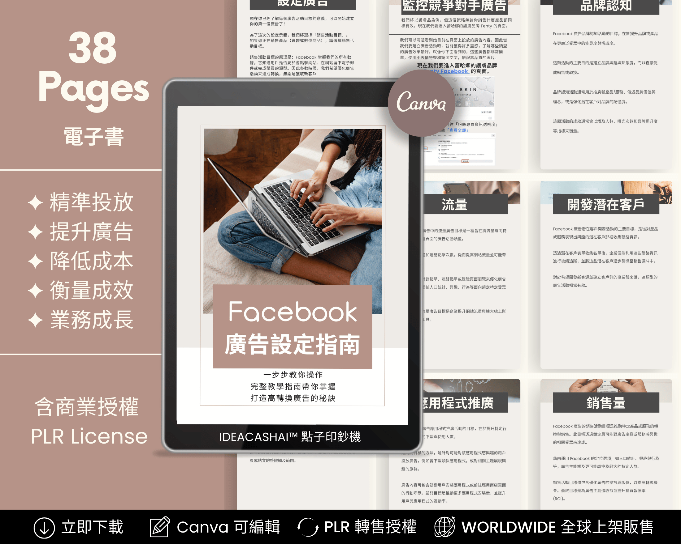 Facebook Ads Guide Chinese Edition – 38-page PLR eBook with Canva editable templates, includes ad targeting, cost reduction, ROI strategies, and growth tips