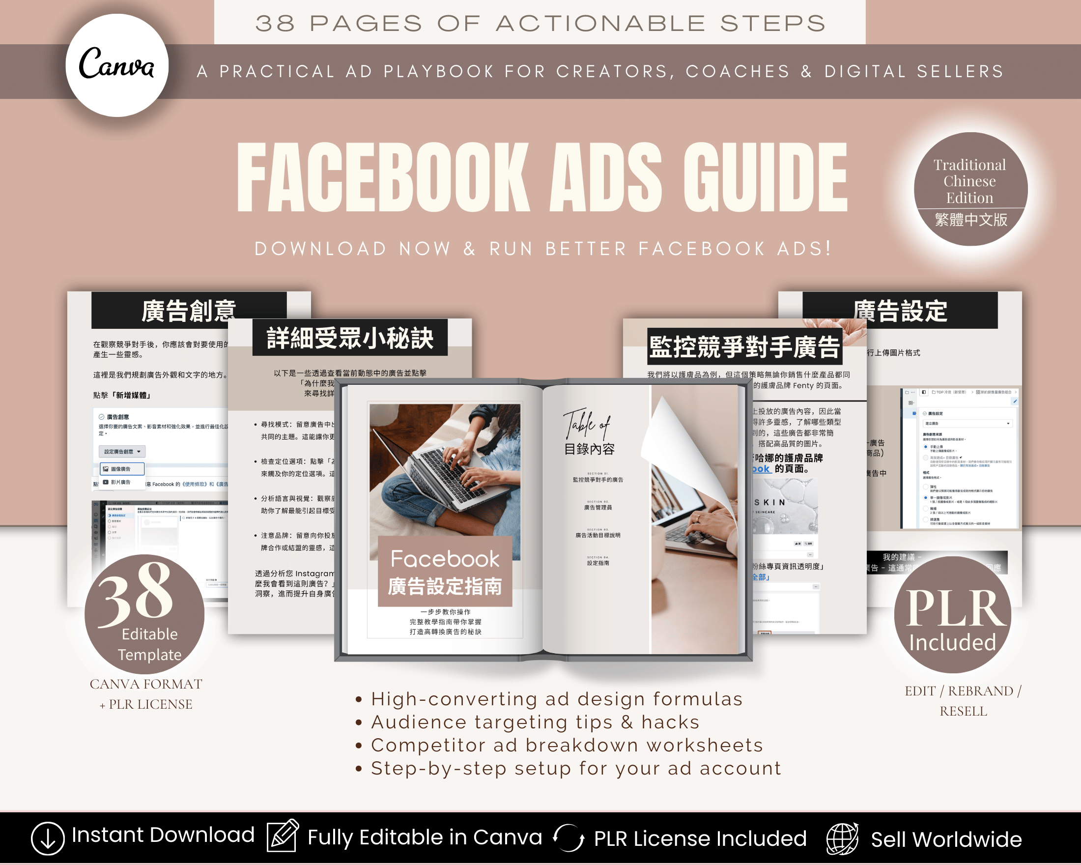 Facebook Ads Guide Chinese Edition – 38-page PLR eBook with Canva editable template for digital product sellers and coaches