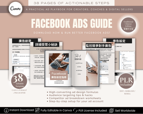 Facebook Ads Guide Chinese Edition – 38-page PLR eBook with Canva editable template for digital product sellers and coaches
