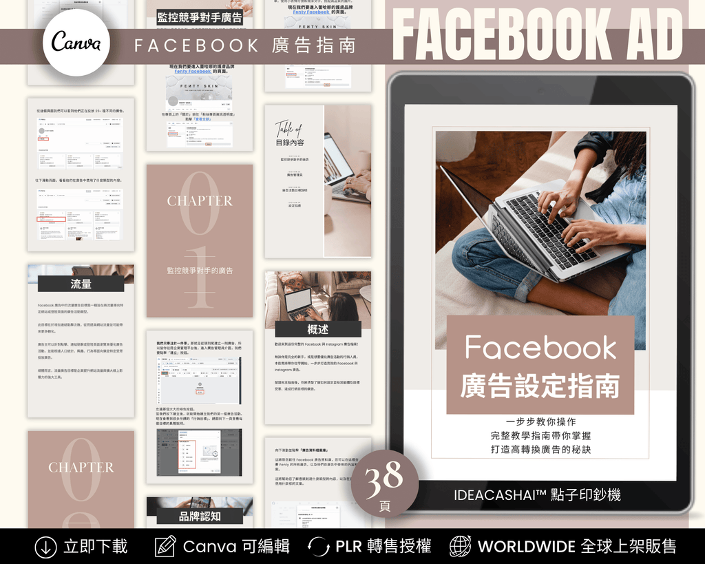 Inside preview of Facebook Ads Guide Chinese Edition – 38 editable pages with Canva A4 templates, PLR license included
