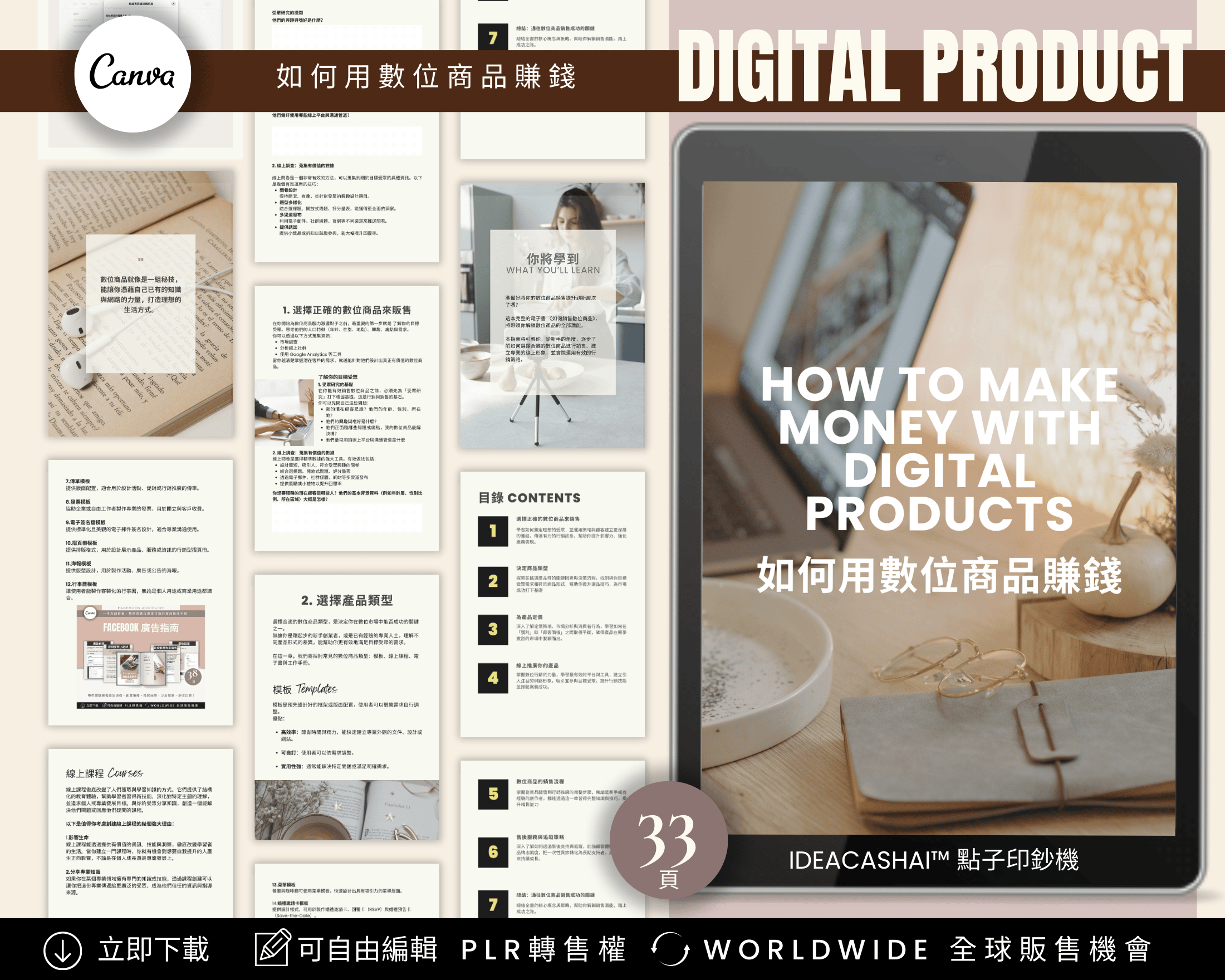 Inside preview of Passive Income Guide Chinese Edition – 33 editable pages in Canva + PDF ｜ 被動收入指南 中文版 內頁預覽，共 33 頁 Canva 模板 + PDF