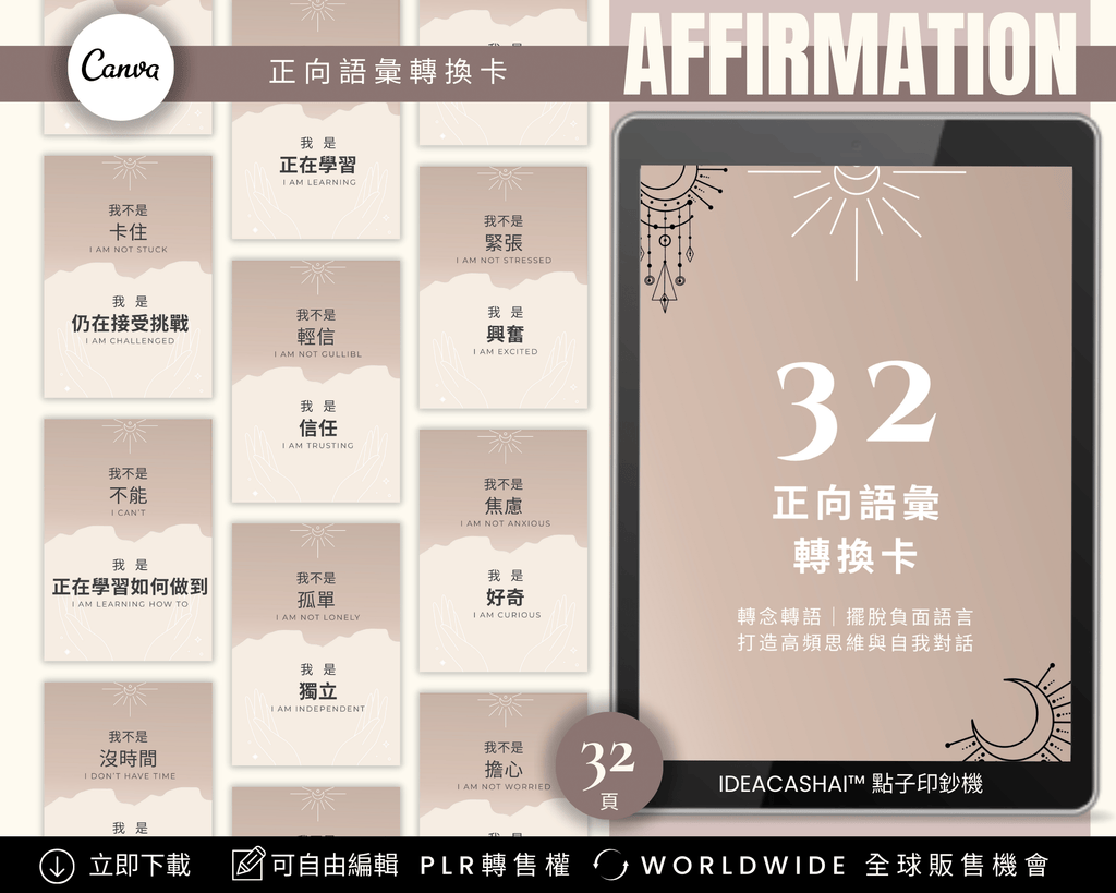 32 High-Vibe Affirmations for Calm & Clarity – Self-Healing Affirmation Cards Chinese Edition, Canva PLR card templates for wellness & spiritual coaching

