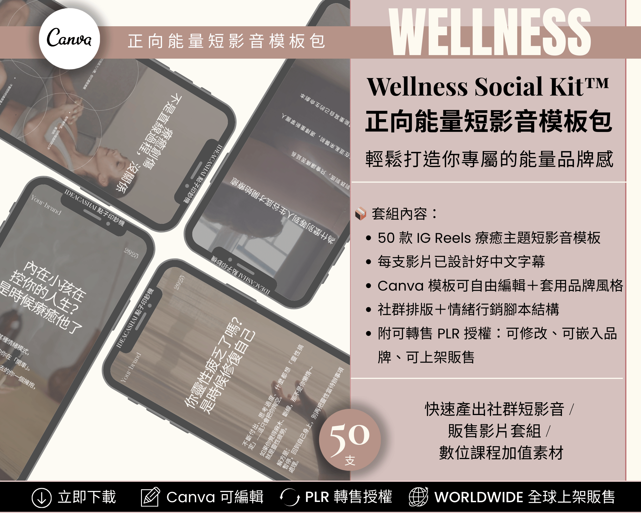 Bilingual captions preview of Wellness Instagram Reels Templates (Chinese Edition) – 50 editable IG Reels with Traditional Chinese captions, subtitles, and Canva templates for wellness and coaching brands