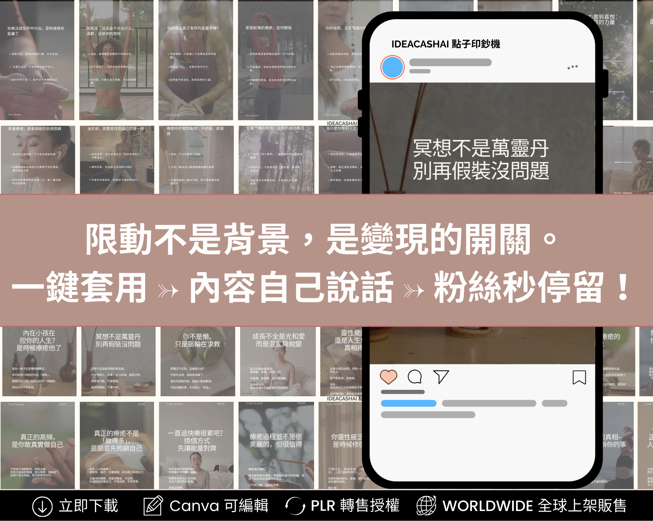 Wellness Instagram Reels Templates Chinese Edition – 50 editable IG Reels with bilingual captions in Canva, PLR license included for wellness and spiritual brands